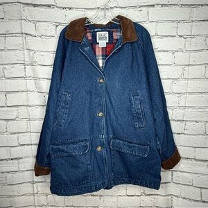 Vintage Basic Editions Denim Chore Coat Barn Jacket 2X Plaid Lined Corduroy Trim
